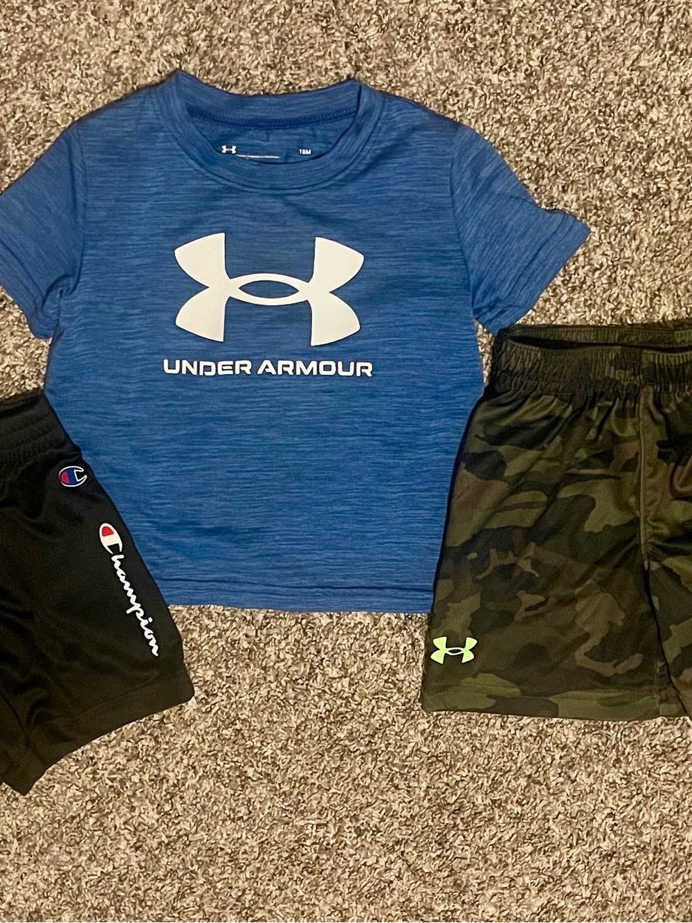 Under Armour t-shirt and shorts. Champion shorts. Sizes 18mos-24mos